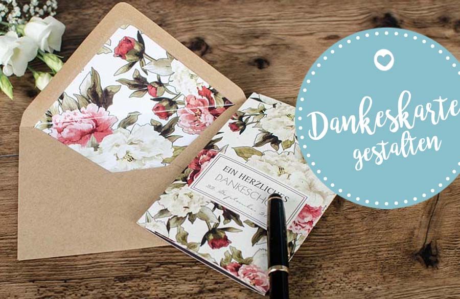 Elegante Dankeskarte zur Hochzeit mit Pfingstrosen - carinokarten